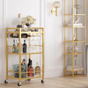 TUTOTAK Bar Cart, Home Bar Serving Cart with 3-Tier Shelf, Drink Cart with Wine Rack, Glass Holder, Rolling bar carts for The Home, Living Room, Gold,BC01BB035