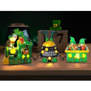 Hexagram St Patricks Day Decorations, Lighted St Patricks Day Gnomes Decor, Saint Patrick Decorations for Table, Train Tabletop Decorative Ireland Centerpiece Leprechaun Figurines Resin