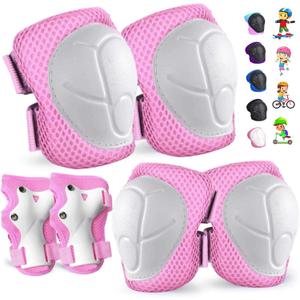 Kids/Youth Knee Pads and Elbow Pads Set for Kids 3-14 Years Boys Girls Protective Gear Set Adjustable Knee Pads, Elbow Pads, Wrist Guards Skateboard Skating Skiing Cycling Biking Running Scooter , Pink