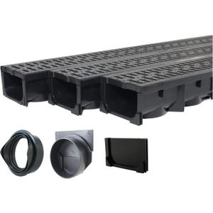 URA WATER - Model UA-100 - Drainage Trench Set - Channel Drain With Grate - Black Plastic - 3 x 39" - (117" Total Length)