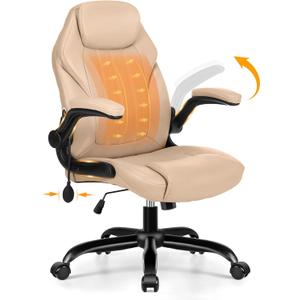 Office Desk Chair, Ergonomic Computer Chair with Padded Flip-Up Arms and Adjustable Lumbar Support, PU Leather Executive Chair with Tilt Lock and 360 Swivel Rolling Wheels for Work, Study (Beige)