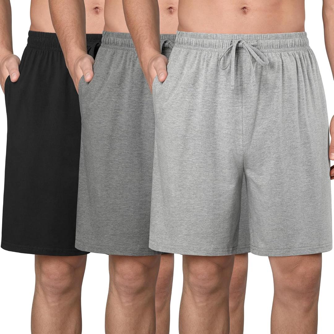 3 Pack Mens Cotton Pajama Shorts Soft Comfortable Lounge Shorts with Drawstring & Two Pockets Sleep Bottoms for Men (Large, Black, Gray, Light Gray)
