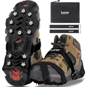 Sfee Crampons for Winter Boots, Upgraded Ice Cleats Stainless Steel Women Men Anti Slip Ice Traction Cleats Grips with Straps, Perfect for Hiking, Walking, Climbing, Ice Fishing