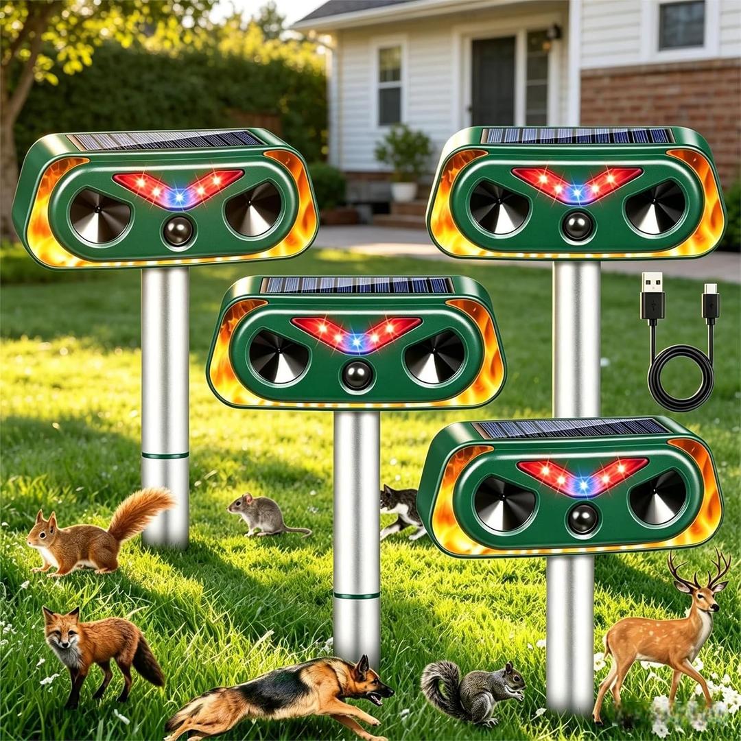 2026 New Sonic Fortress Pro Deer Repellent Devices,4 Pcs Solar Ultrasonic Animal Repeller Outdoor Waterproof Motion Sensor Deterrent Yard Garden Repellent for Animals Cat,Squirrel,Racoon,Rabbit,Skunk
