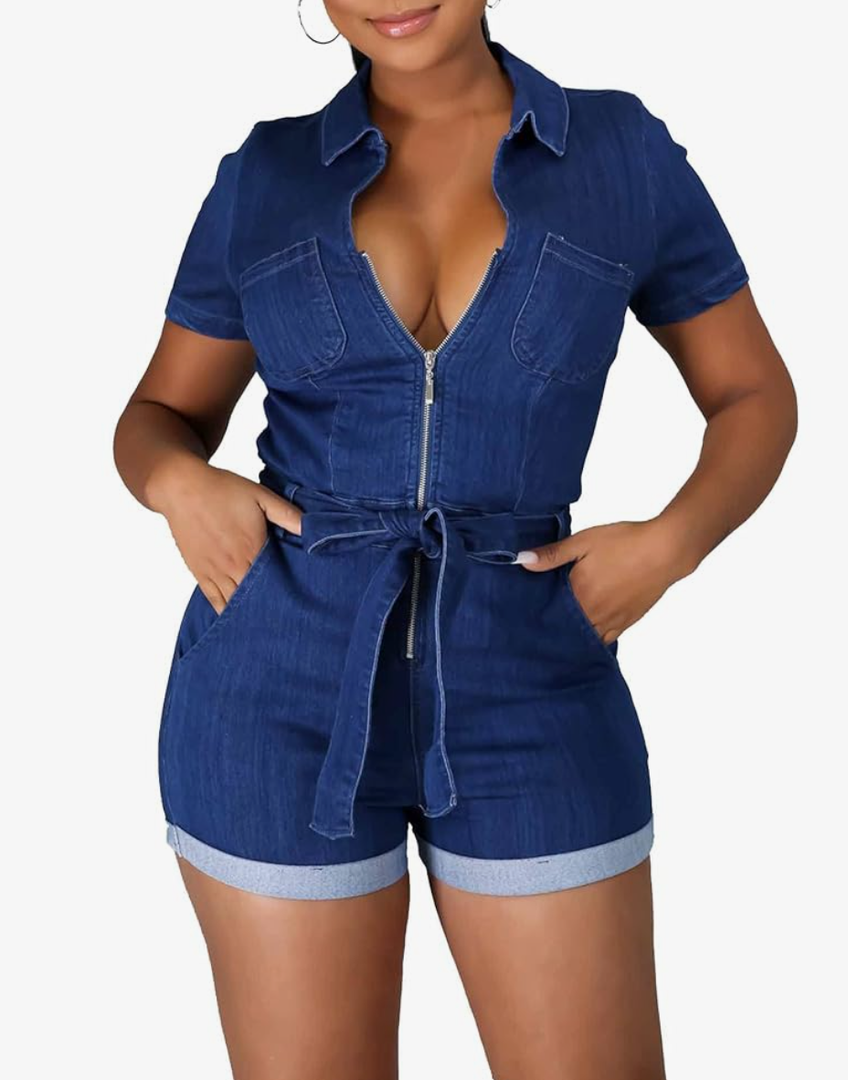 Sexyshine Women's Sexy Button Down Slim Fit Denim Long Jumpsuit Playsuit Lapel Full length Jeans Rompers Overalls, L