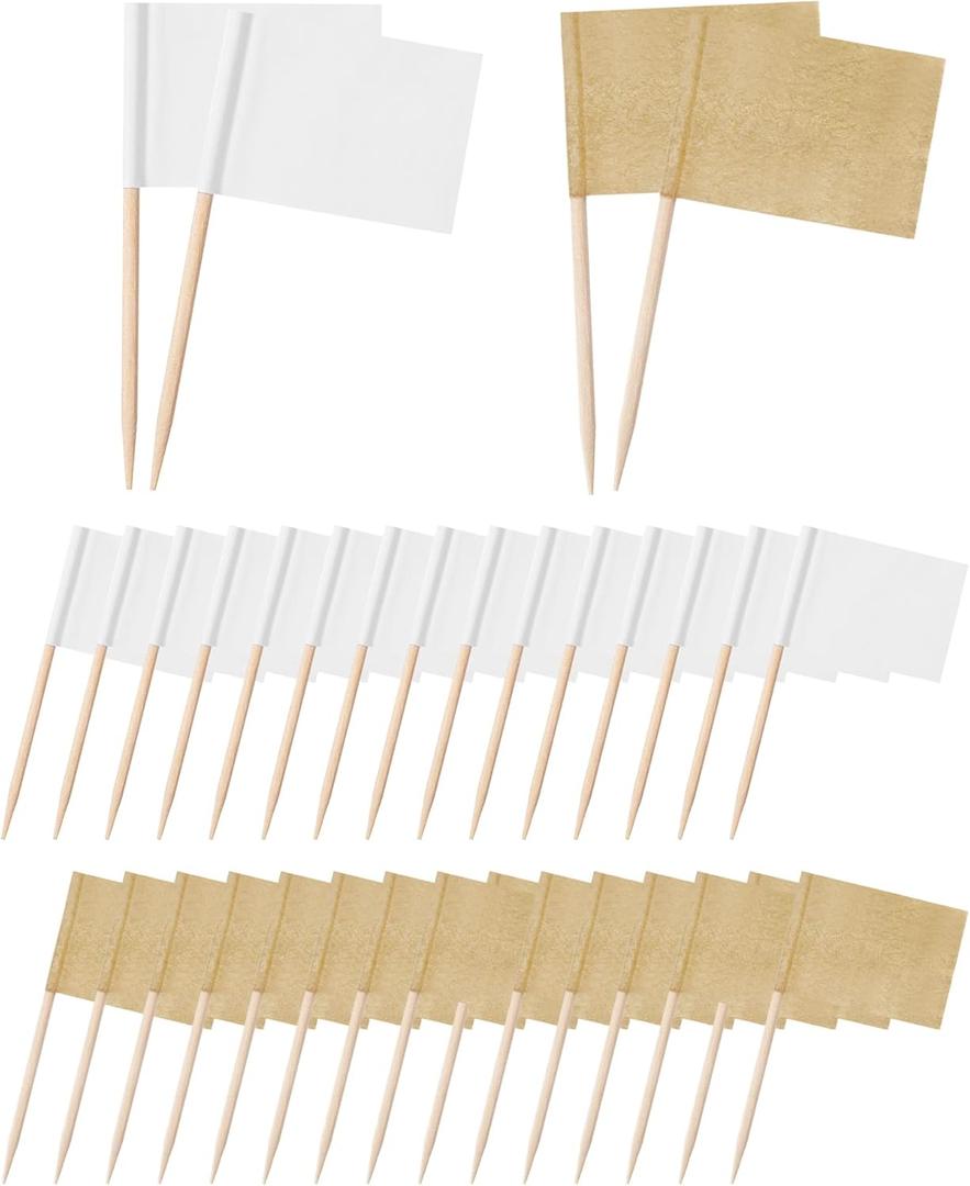 Benvo 200 Pieces Blank Toothpick Flags Mini Stick Cupcake Toppers Food Labels Cocktail Picks Cheese Labels for Appetizers Fruit Party Buffet Food Bar Charcuterie Accessories(Natural and White Color)