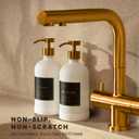 Hand and Dish Soap Dispenser for Kitchen and Bathroom, Set of 2 16 Oz Glass Bottles, Stainless Steel Pumps, Non-Slip Silicone Base, 27 Waterproof Labels (Matte White Bottle/Brushed Gold Pump)