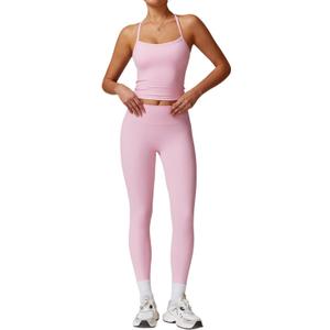 Womens Workout Sets Two Piece Cross Back Tank Top Matching High Waist Leggings Sets Gym Outfits Work Out Clothes (Large, Pink)