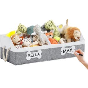 Beveetio Large Dog Toy Basket, Collapsible Fabric Dog Toy Bin with Removable Divider & DIY Tags, Trapezoid Storage Box with Rope Handles for Pet Supplies, Perfect for Living Room Storage-Grey&White