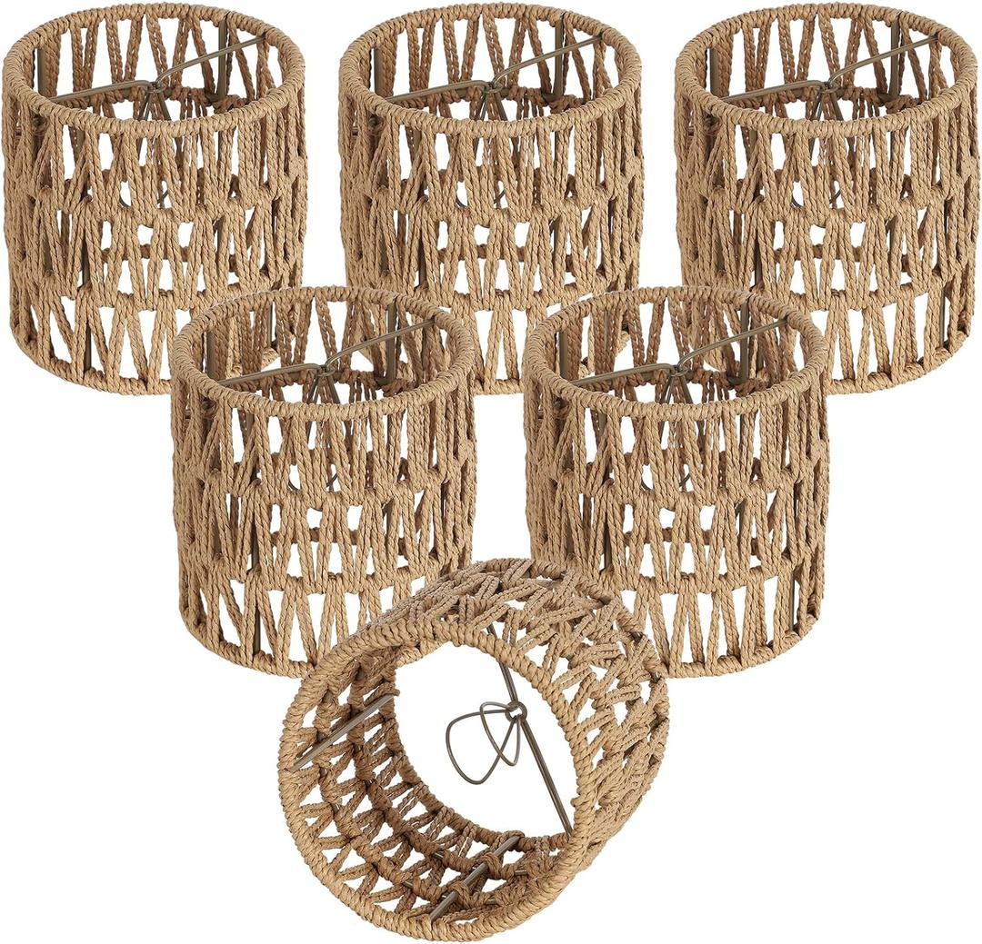5.0 x 5.0in Chandelier Shades Set of 6, Small Rattan Lamp Shades Clip on Bulb, Boho Lamp Shades Replacement, Mini Cylinder Woven Lampshade, Clip on Lamp Shade for Floor Lamp Pendant Light Wall Sconces