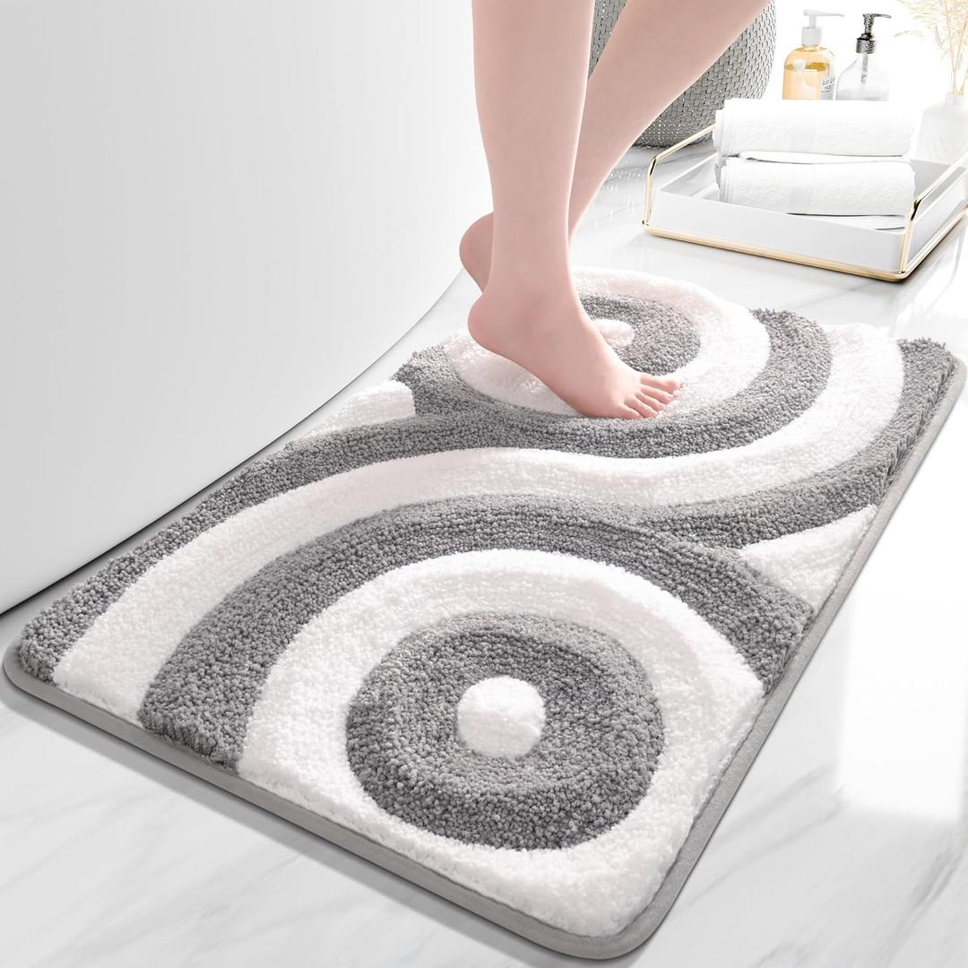 QJHOMO Gray and White Bathroom Rugs Non Slip Bath Mat Modern Aesthetic Bathroom Decor, Geometric Striped Bath Rug Soft Fluffy Floor Mats, Thick Microfiber Carpet Super Absorbent Bathmat (20x32 inch) (1'8" x 2'8" (Rectangular))