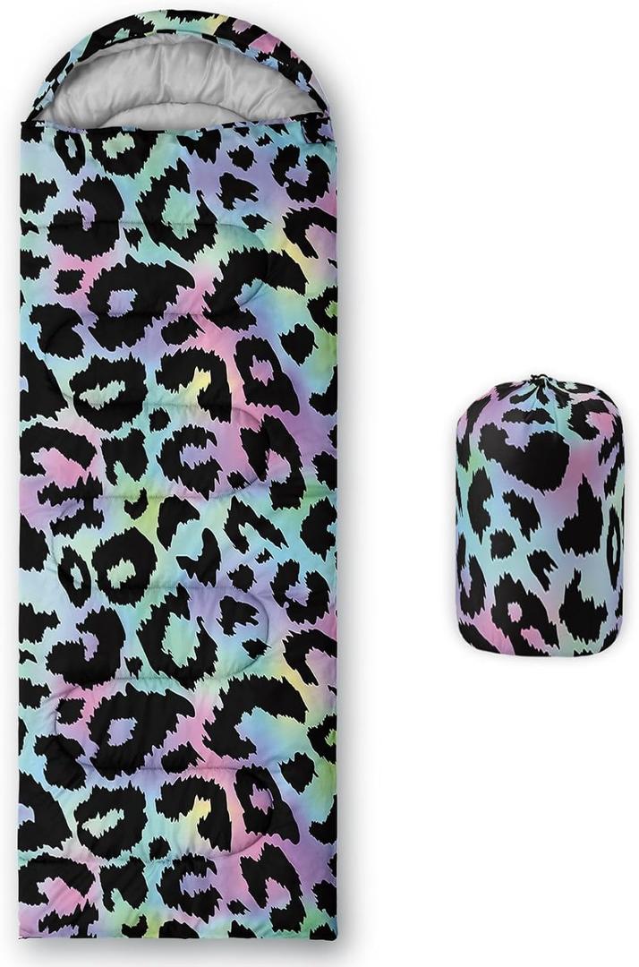 Kids Sleeping Bag for Boys Girls,Cute Puppy Print-Lightweight Warm Portable Outdoor Indoor-Waterproof Cold Weather Resistant Sleeping Bag for Camping Hiking (Color Leopard)