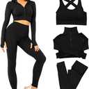 Women's 3pcs Seamless Workout Outfits Sets, Yoga Sportswear Tracksuit Leggings and Stretch Sports Bra Fitness (Large, Black)