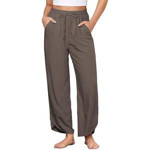 GRAPENT Linen Pants Women High Waisted Wide Leg Casual Beach Pull On Elastic Waist Summer Cropped Pants with Pockets Size 2XL