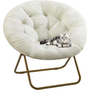 DUMOS Comfy Saucer Chair, Faux Fur Lounge Seasting XL Circle Chair for Bedroom, Dorm & Gaming, Foldable Fashion Accent Seat for Small Spaces, Folding Moon/Mushroom/Round Oversized Style,White