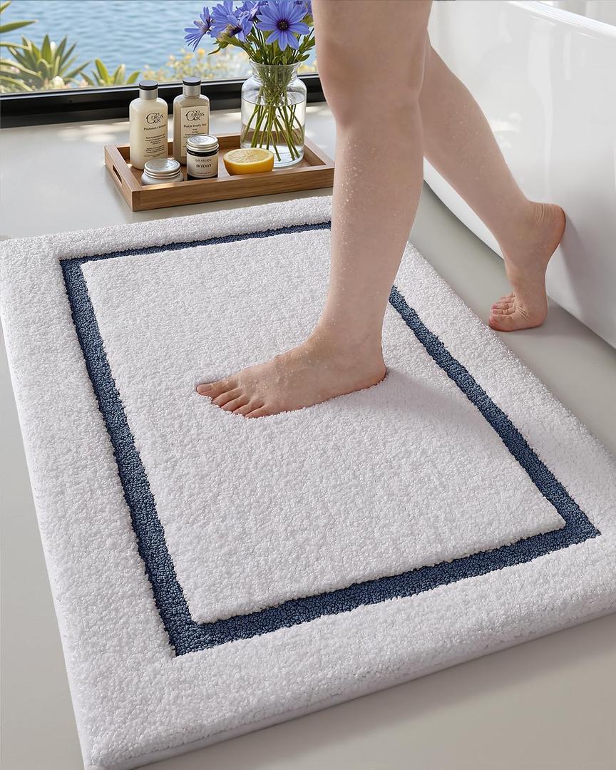 Color&Geometry Bathroom Rugs, Water Absorbent and Quick Dry Microfiber Bath Rugs-17"x30", Non-Slip, Machine Washable, Extra Soft Plush Bath Mats for Bathroom, Laundry Room, Shower and Tub (White Blue)