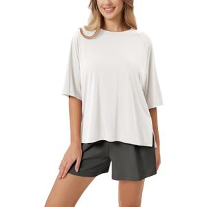 ODODOS Women's Side Split Tee Modal Soft Raglan Short Sleeve, Relaxed Fit Casual Lounge T-Shirts Yoga Tops, White, Large (White, L)