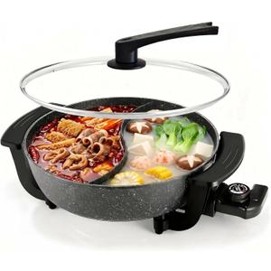 6L Electric Hot Pot with Divider - Dual-Flavor Fondue & Shabu Shabu Pot, 1600W with 5-Temp Control, Non-Stick & BPA-Free, Perfect for Family Dinners & Parties