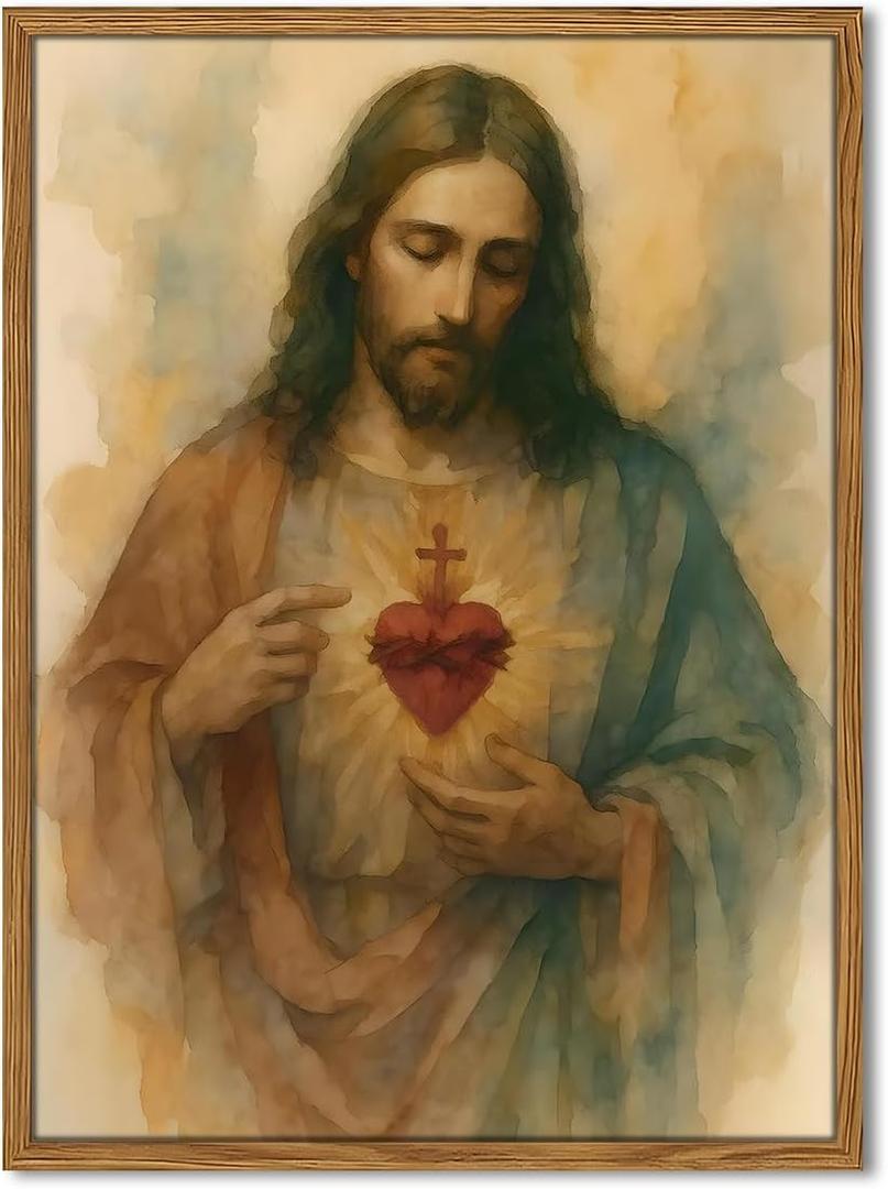 Framed Sacred Heart of Jesus Wall Art, Christian Jesus Paintings Wall Decor, Catholic Divine Mercy Pictures Canvas Prints Religious Home Decor for Living Room Bedroom Prayer Room Church 16×24 Inch