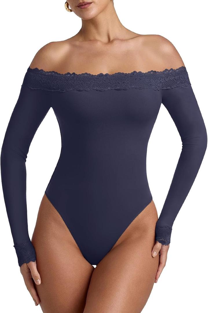 REORIA Womens Sexy Off the Shoulder Long Sleeve Bodysuit Lace Going Out Top