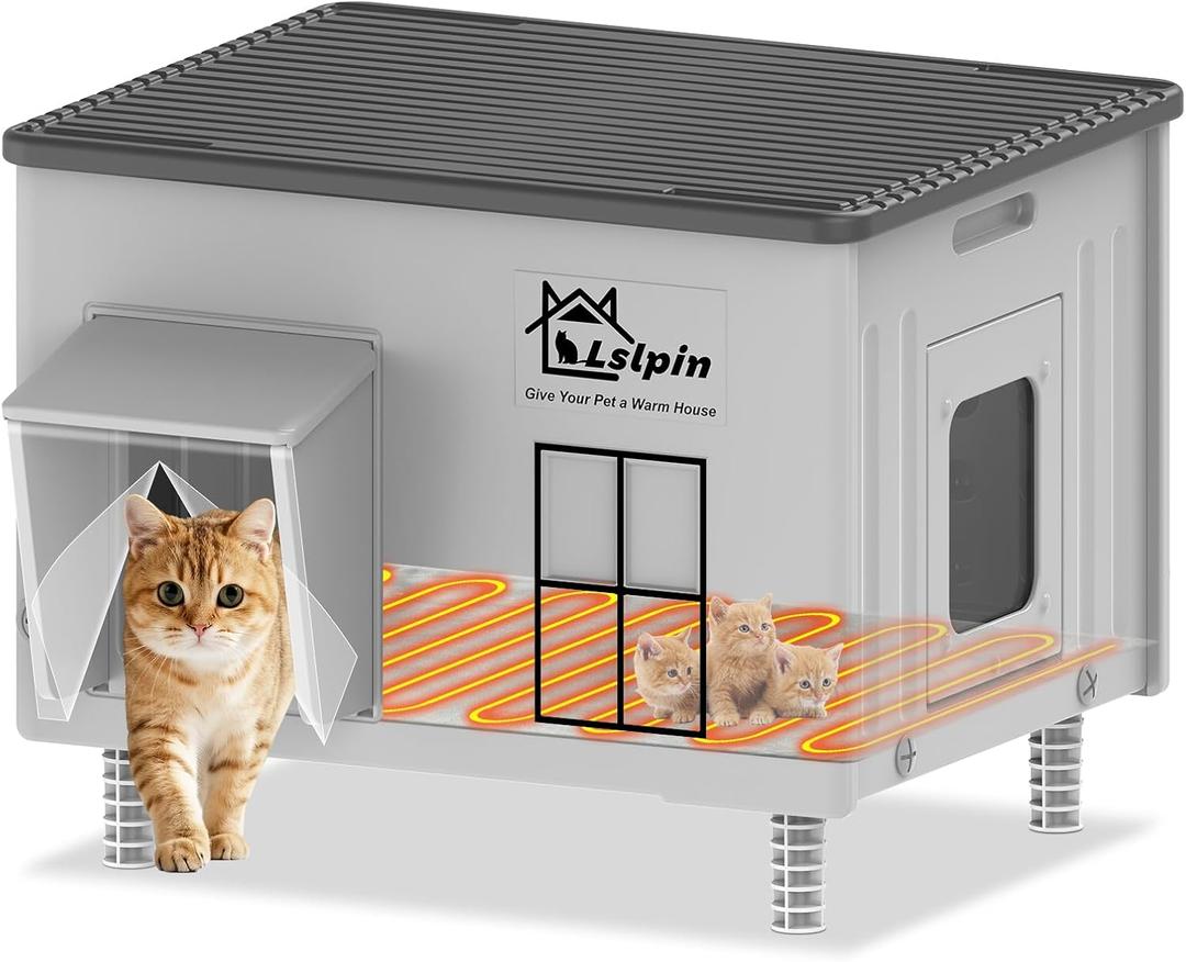 Large Heated Cat House for Outside Cats in Winter, Lslpin Weatherproof & Insulated Outdoor Feral Cat House with Escape Door,Outside Cats House Shelter with Heating Pad 21.616.917.5