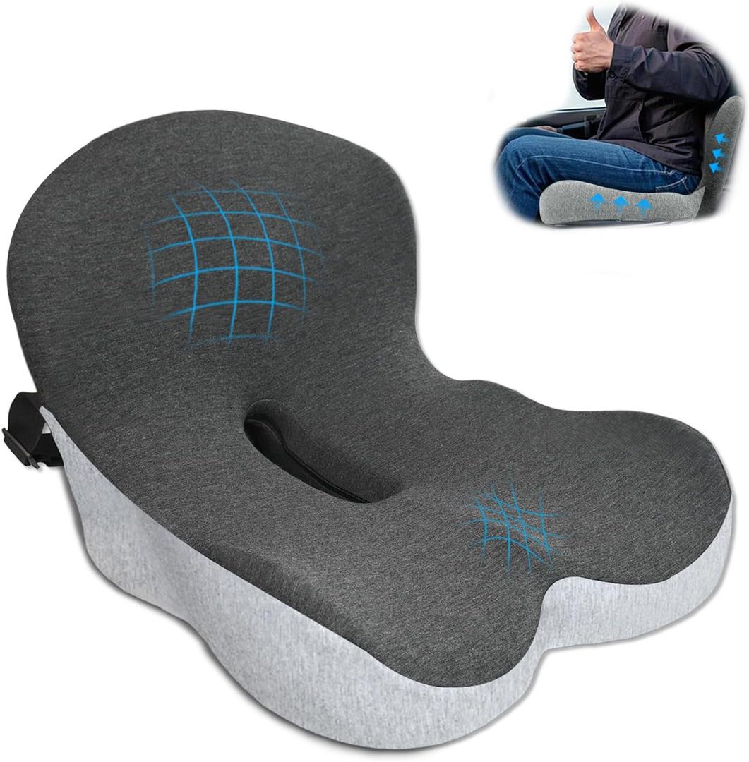 Memory Foam Seat Cushion,Office Chair Cushion with Lumbar Support for Back Pressure Relief, Car Seat Cushion with Adjustable Strap,Sciatica Pad Cushions for Car,Truck, Desk,Gaming Chair, Black Grey