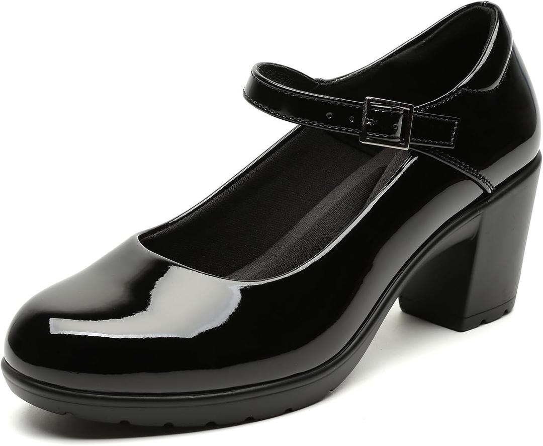 Womens Mary Jane Dress Shoes Chunky Low Block Heels 7CM Closed Toe Work Platform Pumps Dressy Orthopedic for Business Flight Wedding Office Ankle Strap Leather Casual Comfort with Arch Support (Black)