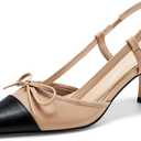 Coutgo Womens Bow Tie Slingback Pumps Pointed Toe Kitten Low Heel Patchwork Dress Heeled Sandals (8, Khaki)