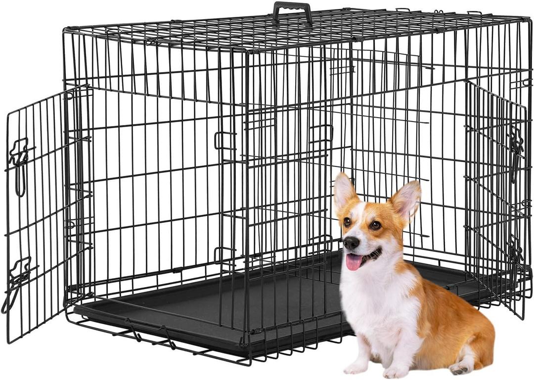 FDW Dog Crate for Medium Dogs 36 Inch Folding Metal WirePet Cage Double Door W/Divider Panel Indoor Outdoor Kennel Leak-Proof Plastic Tray,Black (36.0"L x 22.0"W x 24.0"H)