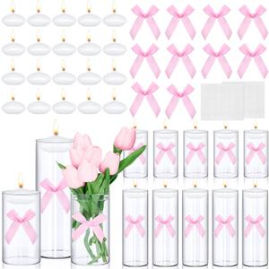 Nuanchu 10 Set Glass Cylinder Vases for Centerpieces with 20 White Floating Candles 10 Pink Bow 6, 8 Inch Glass Vases for Wedding Bow Party Table Shelf Decor Bridal Shower
