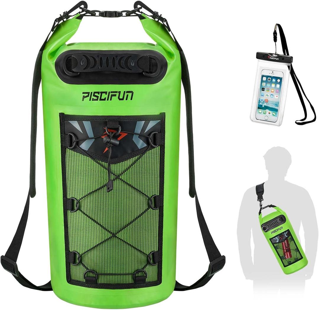 Piscifun Dry Bag, Waterproof Floating Backpack 10L/20L/30L/40L with Waterproof Phone Case for Boating, Kayaking, Fishing (Light Green)