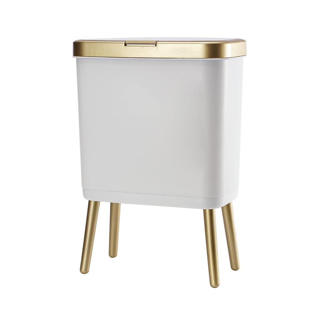 Procade Bathroom Trash Can with Lid, Plastic Garbage Can with Legs, 4 Gallon Gold Trash Bin with Push Button, Narrow White Trash Can Waste Basket for Bedroom, Living Room,OfficeDog Proof Trash Bin