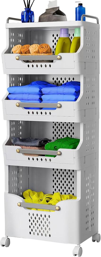 Laundry Basket with Wheels,Rolling Folding Laundry Hamper, Utility Cart,Kitchen storage Cart,Stackable Storage Bins Open Front,Dirty Clothes Hamper,Plastic Laundry Room Organization