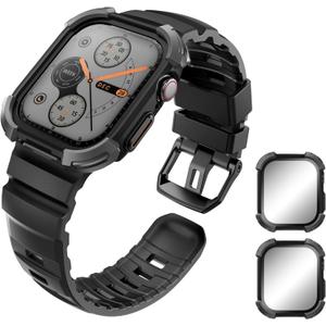 i-Blason for Apple Watch Series 11 band 10 band 46mm with 2 Cases [Built-in Tempered Glass Screen Protector], Sports Adjustable Silicone iWatch Band for Apple Watch Series 11 Series 10 [46mm], Black