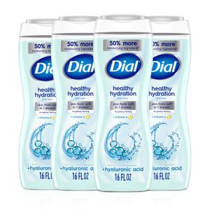 Dial Body Wash, Healthy Hydration, Hyaluronic Acid + Vitamin E, 16 fl oz (Pack of 4), Gentle, Leaves Skin Feeling Soft In 1 Shower, Dermatologist-Tested, No Parabens & Silicones
