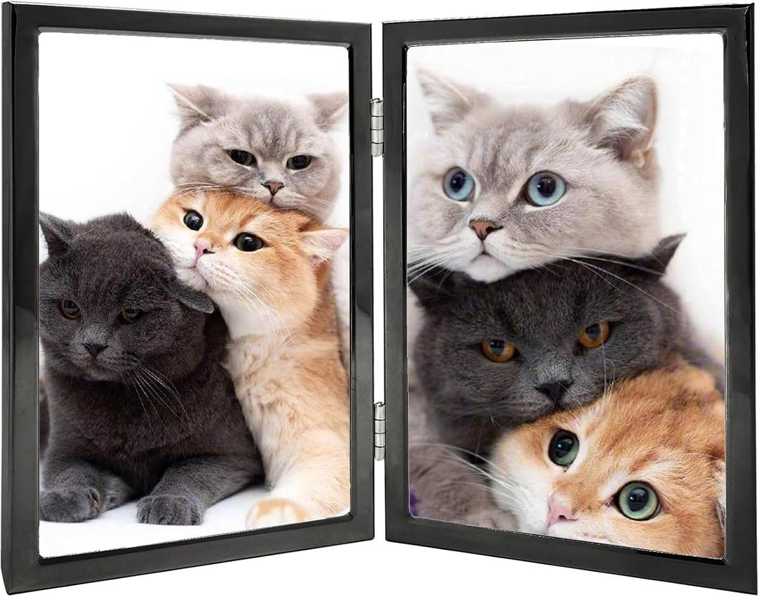 5x7 Picture Frame Double Hinged Black Metal Thin Edge Frame with High Definition Glass Front Folding Frames Stand Vertically on Tabletop, Black, 5x7 Double Metal