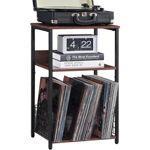 LELELINKY 3 Tier End Table,Record Player Stand with Storage Up to 100 Albums, Turntable Stand for Vinyl, Walnut Couch Nightstand Side Tables for Living Room Bedroom (Medium)