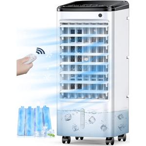 Evaporative Air Cooler, 3-IN-1 Windowless Portable Air Conditioner, 4 Modes & 3 Speeds Personal Swamp Cooler w/Humidifier, 12H Timer & Remote, 65° Oscillating Evaporative Cooler for Room Home