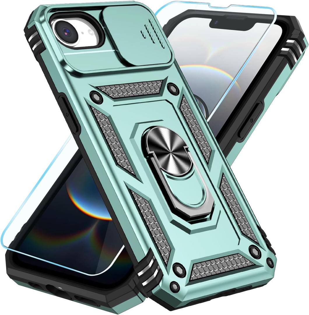 SunStory Compatible with iPhone 16e Case & iPhone 17e Case with HD Screen Protector & Slide Camera Cover & Rotated Ring Kickstand, [Military-Grade] Phone Case for iPhone 16e/17e, Green