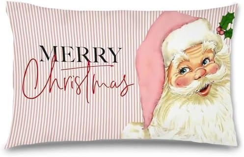 Likjad Christmas Pillowcase 12x20, with a Pink Striped Background and a Pink-clad Santa Figure, Suitable for Decorating a Girl's Room or Sofa.