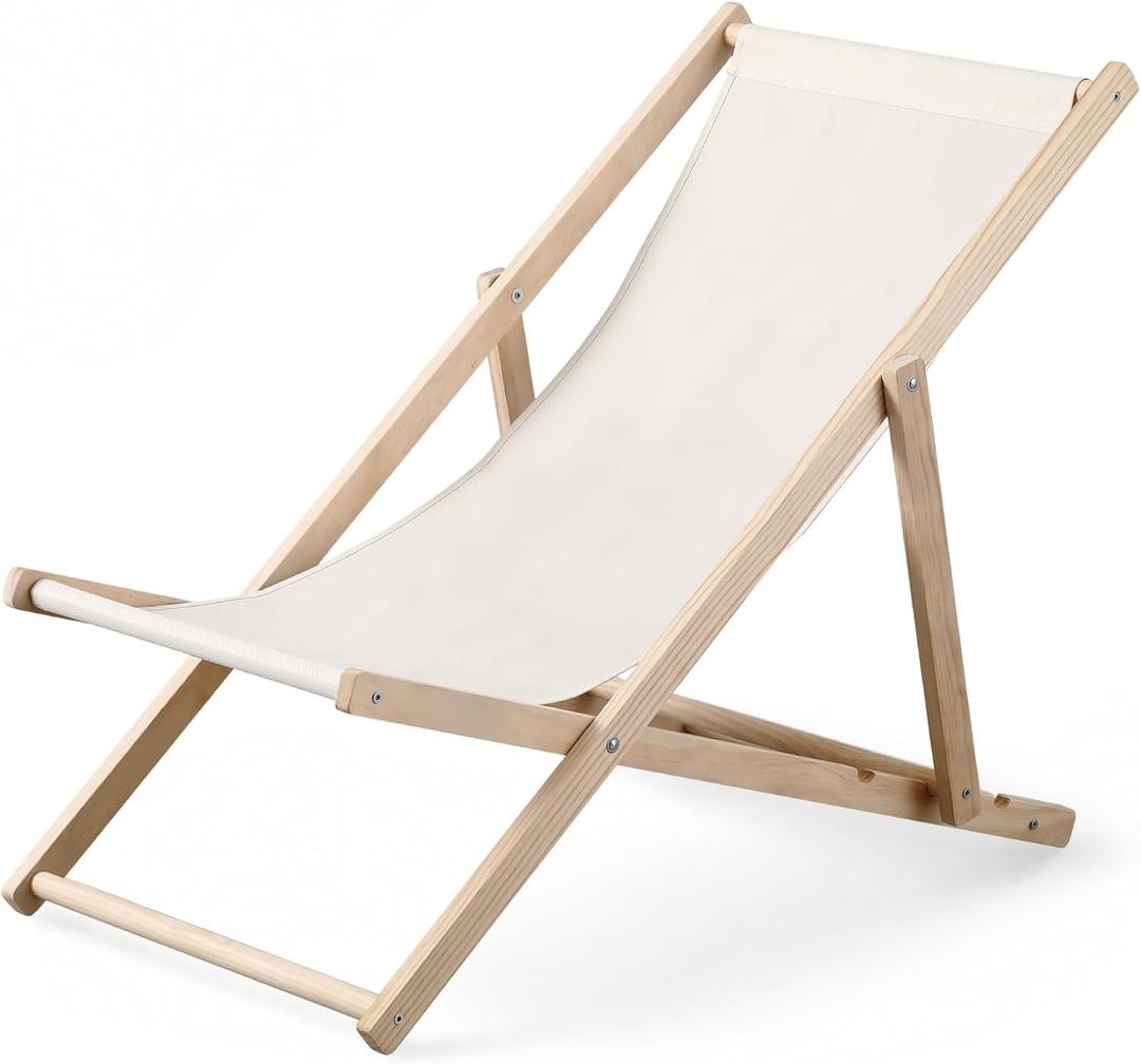 AceOrbit 1 Pcs Outdoor Folding Lounge Chair with Solid Pine Wood Frame, 3-Position Adjustable Recliner, Breathable Cream Oxford Fabric, Portable Patio Chair for Garden, Beach, Backyard (Cream White)