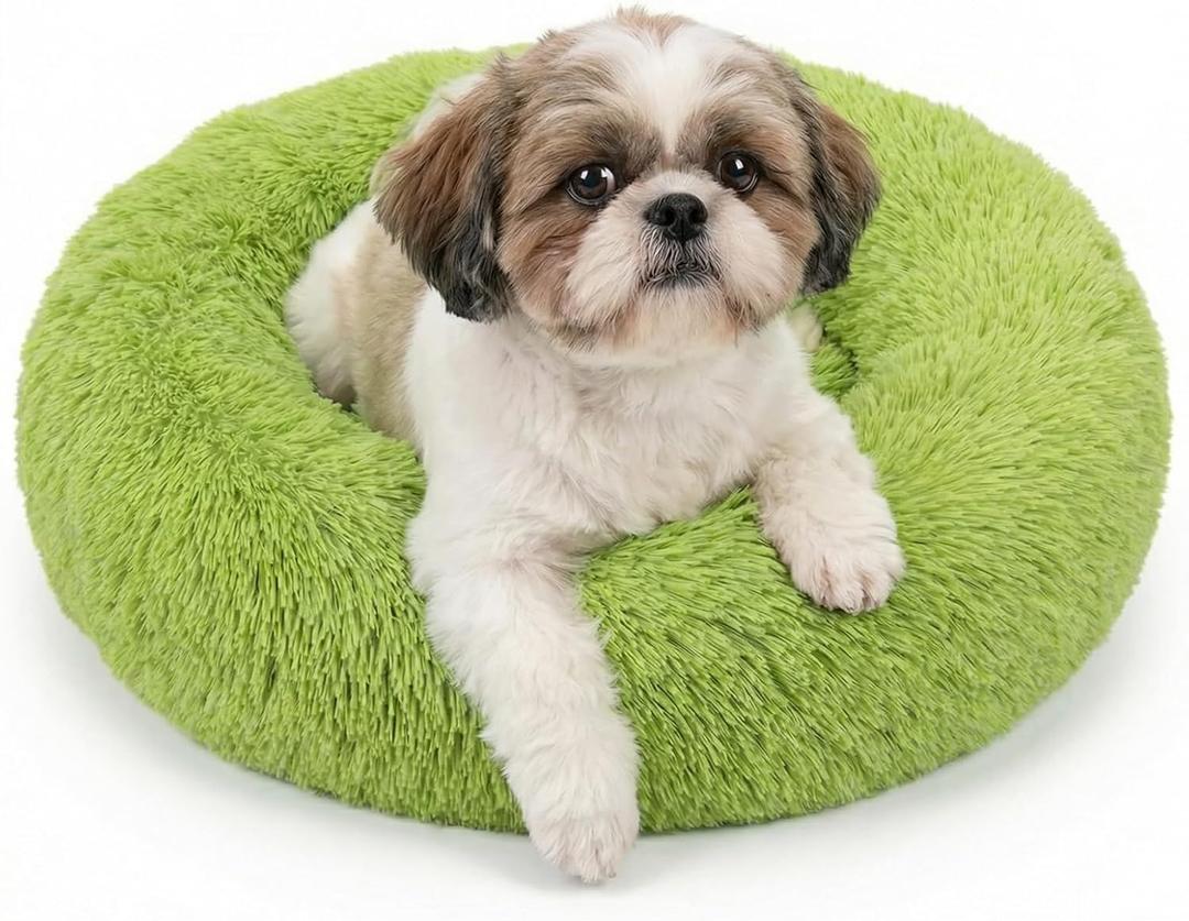 Calming Donut Dogs Beds for Small Dogs Washable,23inch Plush Round Pet Bed for Cozy Sleep,Fluffy Faux Fur Large Cat Bed,Fits up to 25 lbs Pets,Green