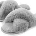 Metog Women's Fuzzy Cross Band Indoor/Outdoor Soft Open Toe Slippers (9-10, Grey)