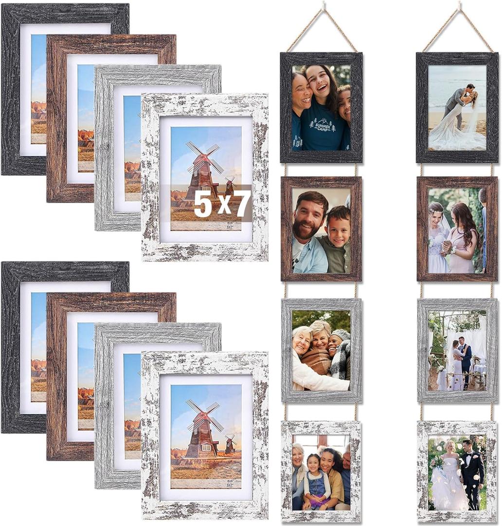 Qunclay 2 Set 5 x 7 Wall Hanging Picture Frames Collage with 8 Openings, Rustic Picture Frames Multiple for Friend Family Wedding Photos, Farmhouse Decor, Wedding Housewarming Birthday Gifts
