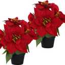 Poinsettias Flowers Artificial 2 Pack Red Faux Christmas Poinsettia Plant Small 11 Inch Winter Flowers for Home Office Table Decorations Indoor Xmas Ornament