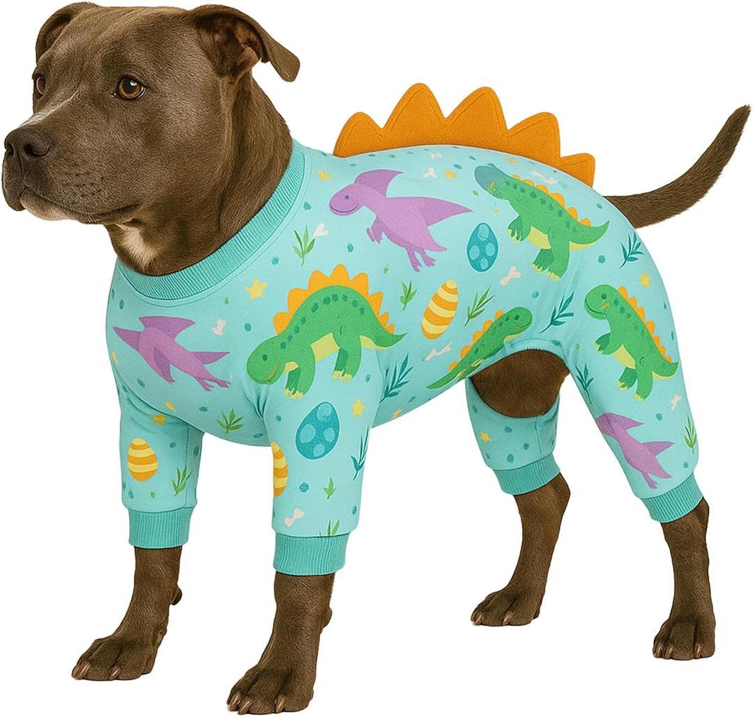 LovinPet Large Dog Pajamas, Four-Leg Stretch Onesie Bodysuit, Lightweight UV-Shielding Pajamas, Anti-Lick Calming Recovery Suit for Surgery, Pull-On for Medium and Large Breeds,Green Orange,M