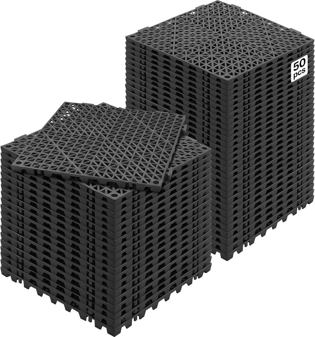 VEVOR Interlocking Tile 50PCS Black, Drainage Tiles 12" x 12" Splicing, Soft PVC Interlocking Drainage Floor Tiles, Non-Slip Drainage Holes for Restroom, Bathroom, Kitchen, Pool, Wet Areas