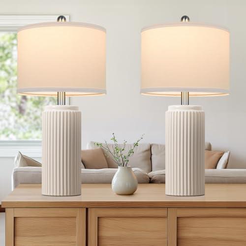 TOBUSA 23.5’’ Modern Ceramic Table Lamps Set of 2 for Living Room, Farmhouse Vintage Bedside Table Lamps with White Linen Shade, Rustic Bedroom Ceramic Lamps for Nightstand Home Office End Table Dorm