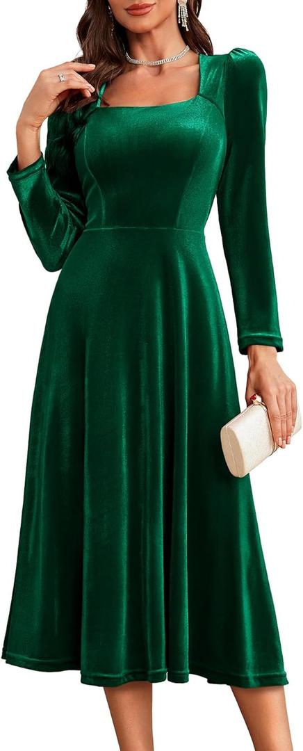 BeryLove Women Velvet Dress Cocktail Party Evening Dresses Long Sleeve Wedding Guest Formal Dresses (Green, L)