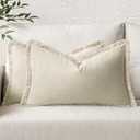 MIULEE Set of 2 Linen Throw Pillow Covers Decorative Lumbar Pillow Covers Farmhouse Style Boho Cushion Covers Natural Beige Pillow Covers with Fringe for Living Room 12x20 Inch